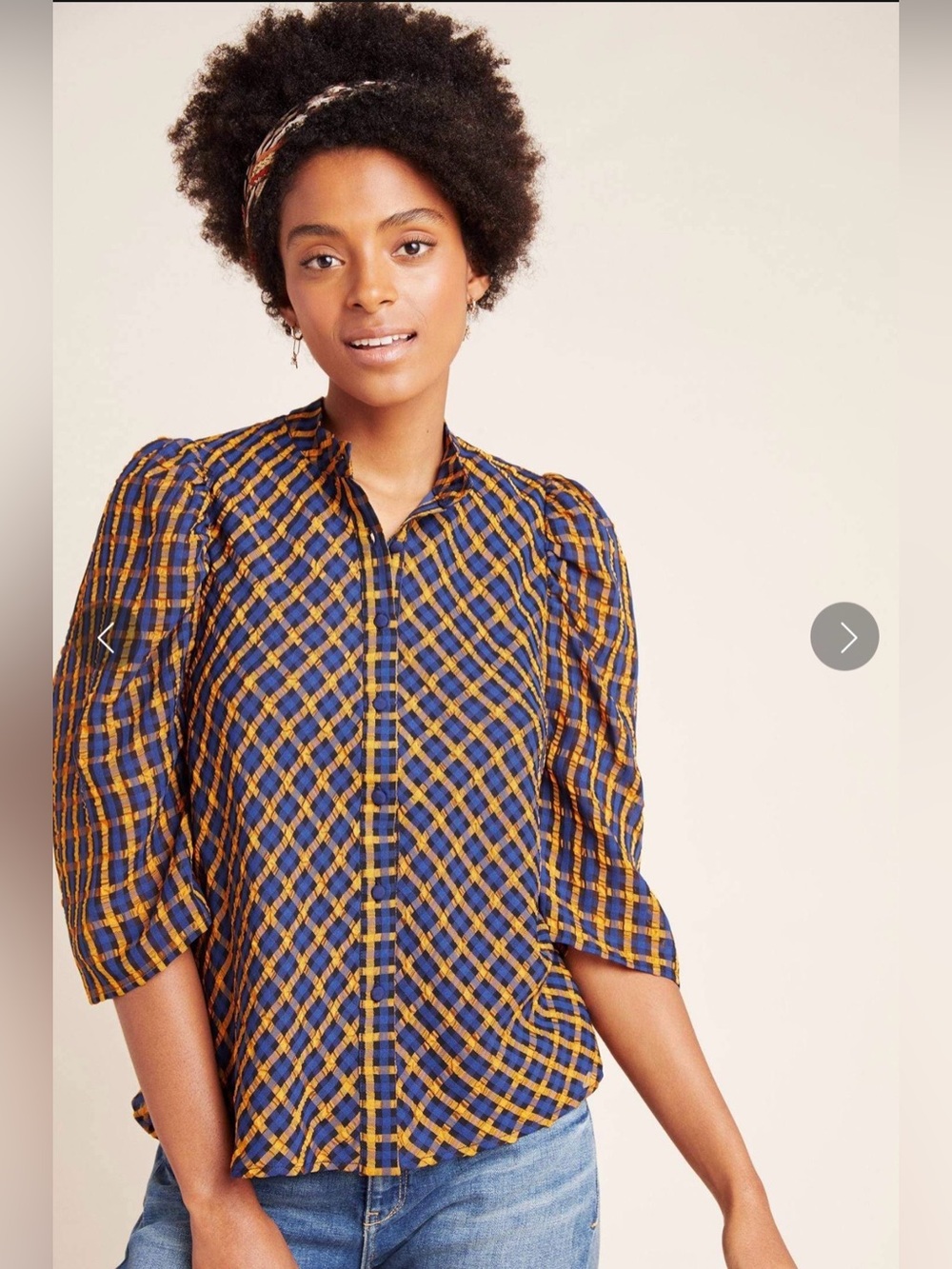 Anthropologie Eva Franco Textured Plaid Blouse Button Puff Sleeve Preppy Twee - Picture 2 of 13